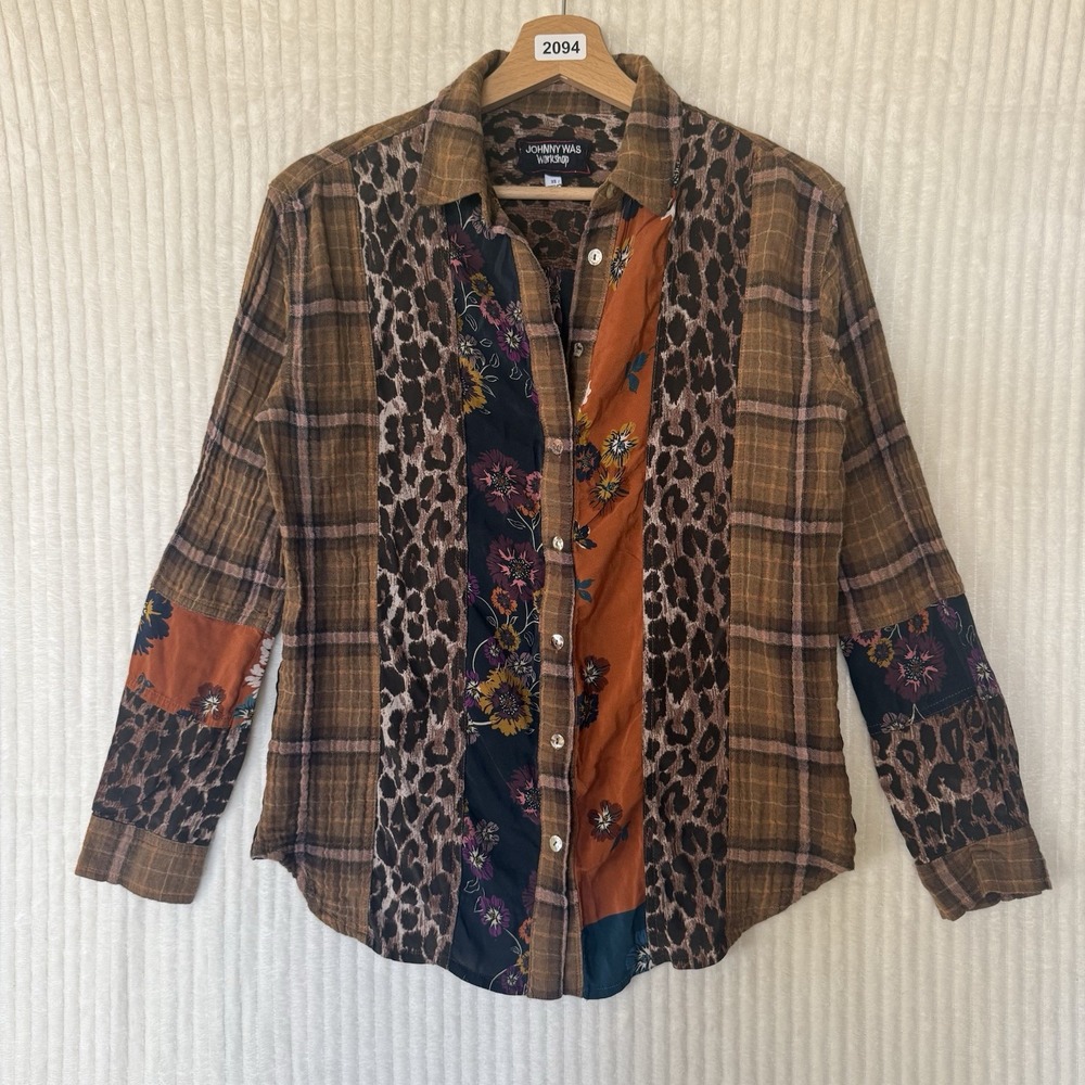 JOHNNY WAS Workshop Plaid Mix Floral Leopard Button Up Shirt Size XS Cotton Silk - Picture 9 of 10